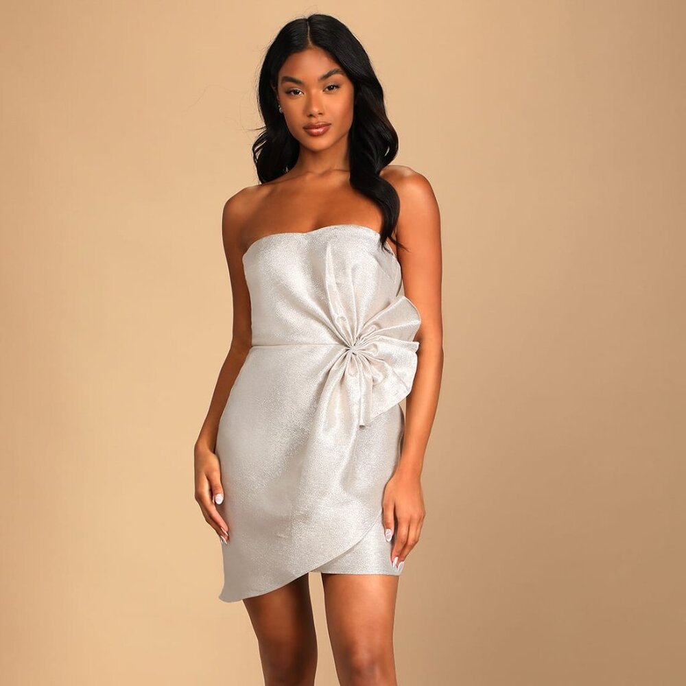Caught in the Spotlight Champagne Sparkly Strapless Mini Dress